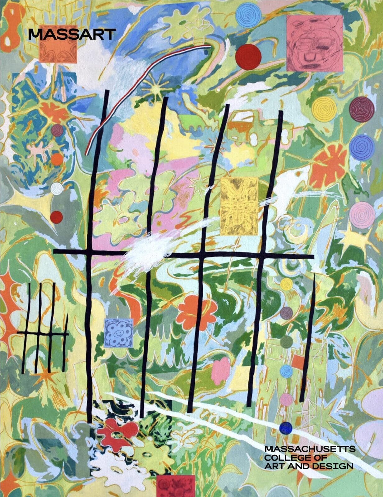 Colorful abstract painting with swirling patterns, geometric shapes, and bold black lines. MASSART appears in the top left, and Massachusetts College of Art and Design with Request Information is written in the bottom right corner.